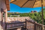 The patio boasts red rock views